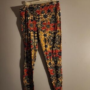 Bold Floral Pattern Stretch Leggings - Black, Mustard & Red